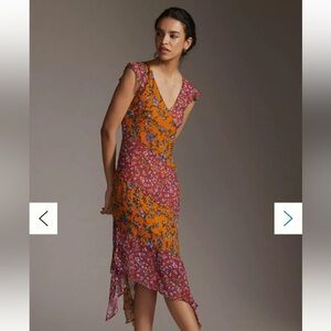 Anthropologie Hanky Hem Floral Patchwork Asymmetrical Midi Dress Pink Orange